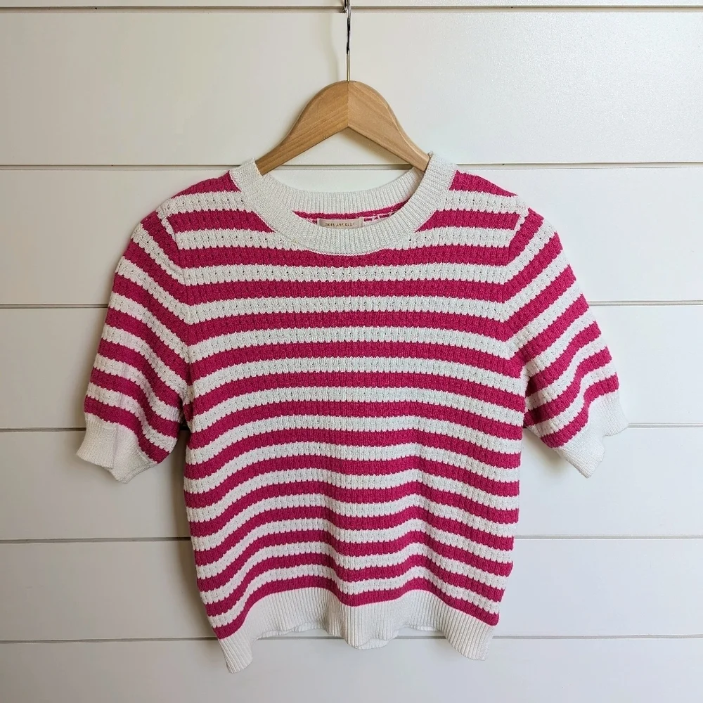 Open Stitch Short Sleeve Sweater Top Pink Stripe Large Skies Are Blue - Picture 1 of 5